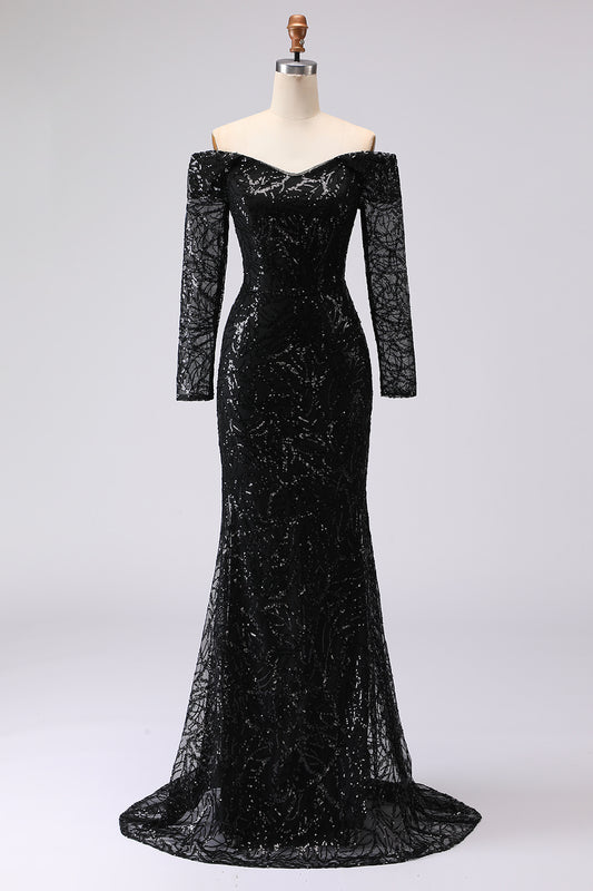 Black Off The Shoulder Mermaid Mesh And Lace Long Formal Dress