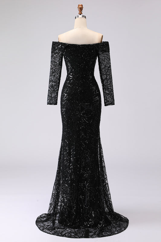 Black Off The Shoulder Mermaid Mesh And Lace Long Formal Dress