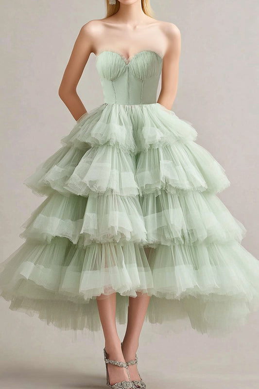 A Line Sage Strapless Tiered Ruffles Tulle Prom Dress