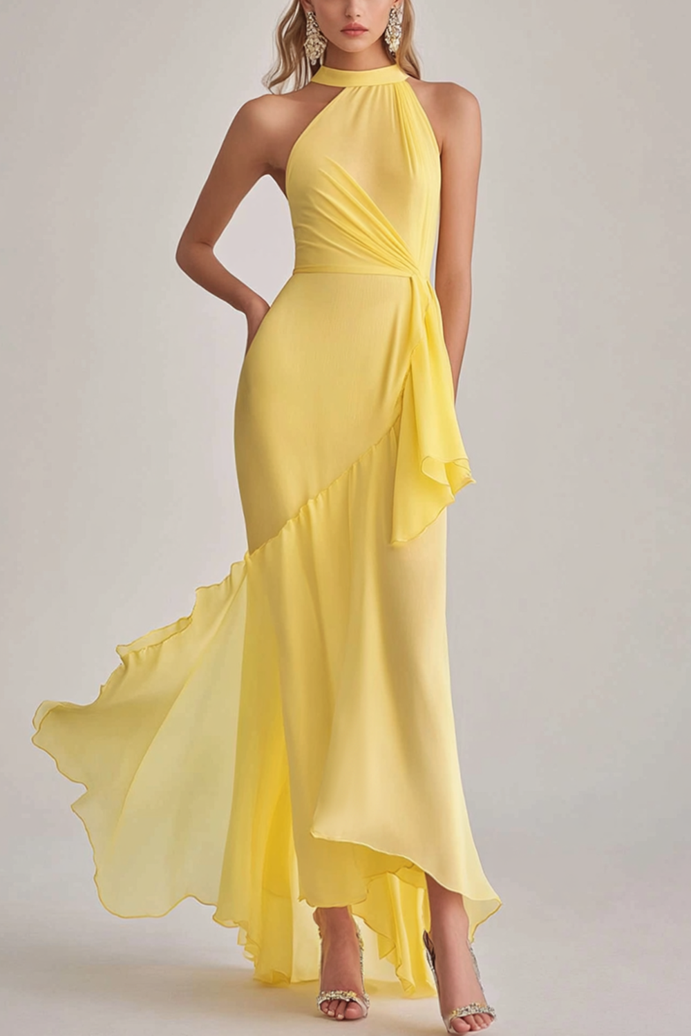 Zapakasa Women Light Yellow Halter Neck Mermaid Formal Dress Chiffon Long Wedding Guest Dress Zapakasa Women Light Yellow Halter Neck Mermaid Formal Dress Chiffon Long Wedding Guest Dress