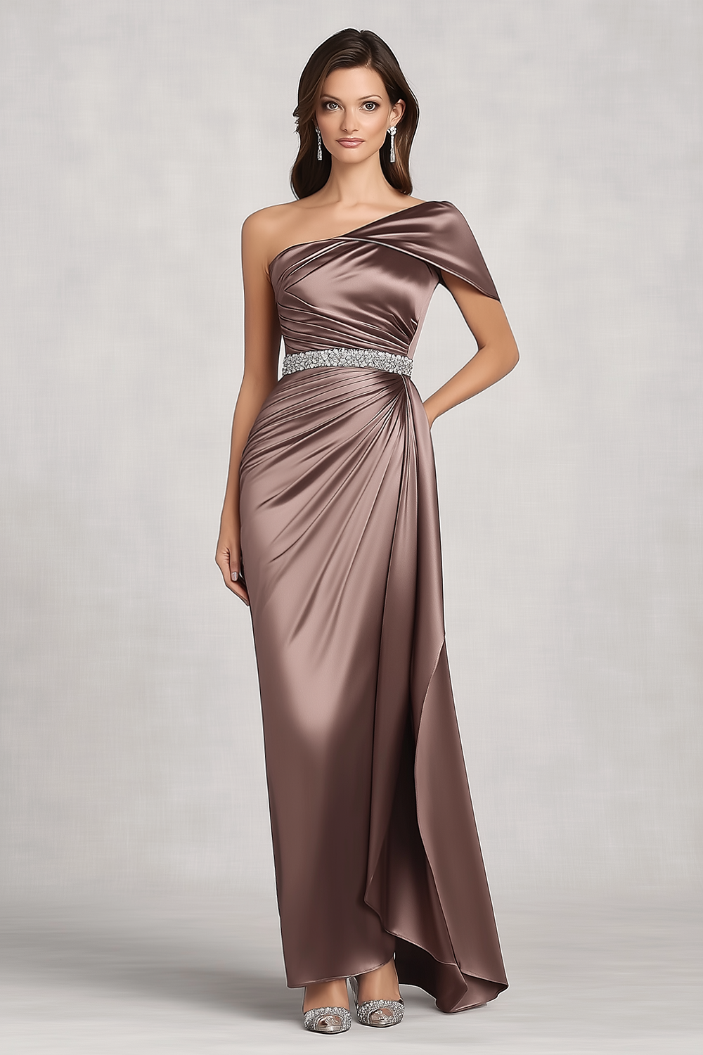 taupe one shoulder dress Women's Taupe Stretch Woven One Shoulder Maxi Dress