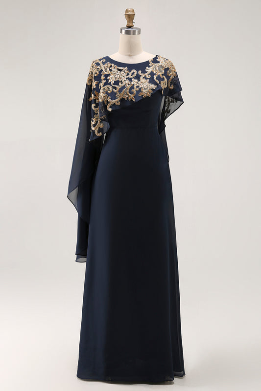 Sparkly Navy Sheath Chiffon Long Mother of Bride Dress with Cape