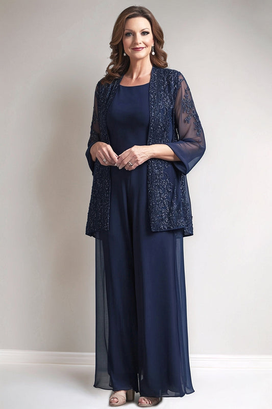 Navy Round Neck Sequin 2 Piece Mother Pant Suits with Appliques