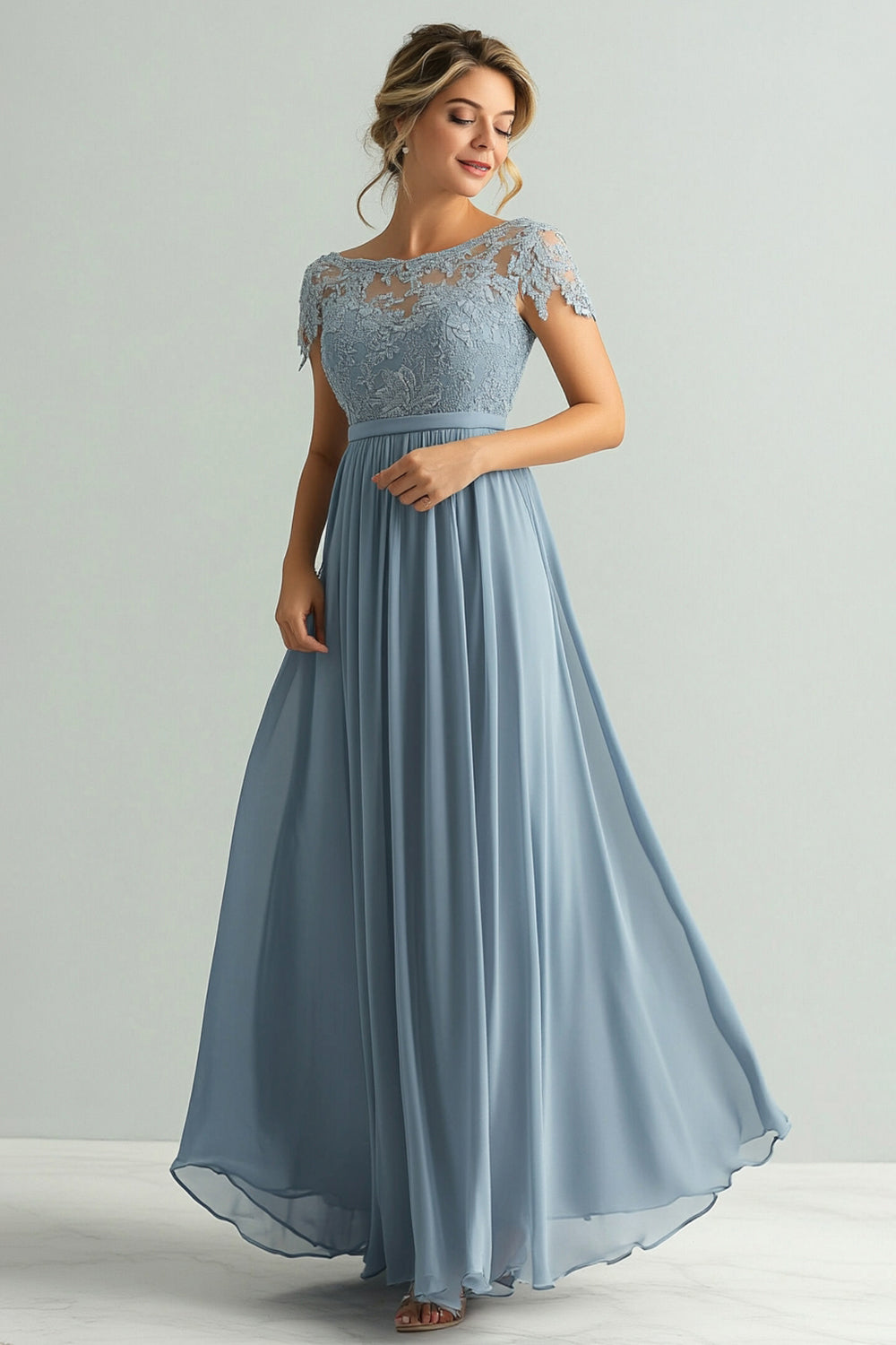 Zapakasa Women Lace Mother of The Bride Dress A Line Dusty Blue Chiffon Round Neck Short Sleeves Long Formal Dress Zapakasa Women Lace Mother of The Bride Dress A Line Dusty Blue Chiffon Round Neck Short Sleeves Long Formal Dress
