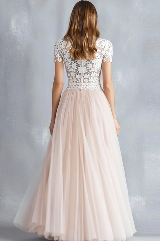 Light Pink A Line Lace Tulle Bridesmaid Dress With Short Sleeves