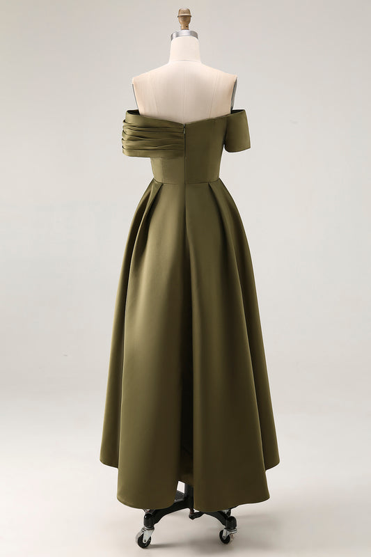 Olive Ruched Satin A-Line Off the Shoulder Midi Mother of the Bride Dress
