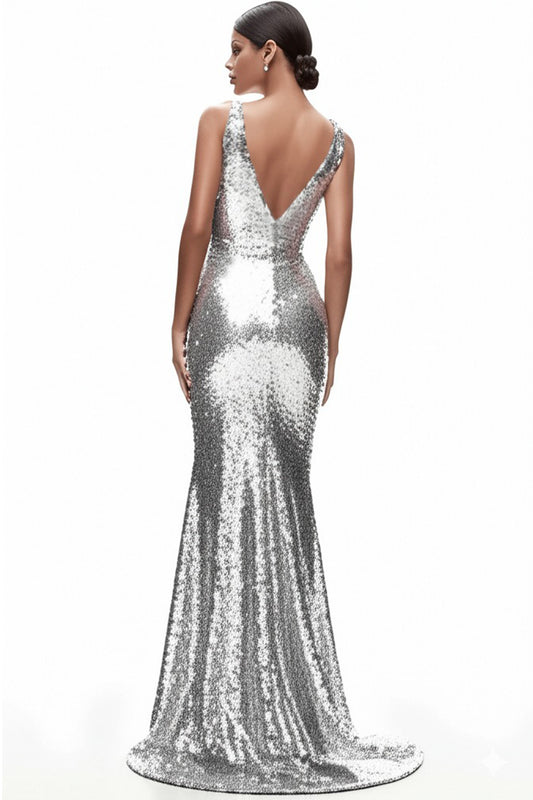 Sparkly Silver V-neck Sequined Mermaid Formal Dress