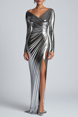 Silver Metallic Satin Sheath Formal Dress with Slit V-neck Long Sleeves Ruched Evening Dress