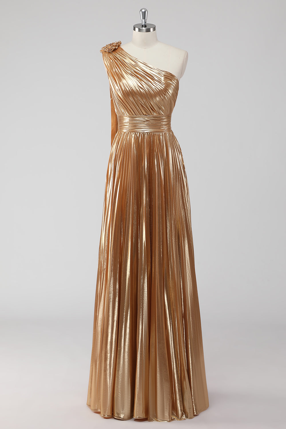 Golden Metallic Satin One Shoulder A-Line Formal Dress Golden Metallic Satin One Shoulder A-Line Formal Dress