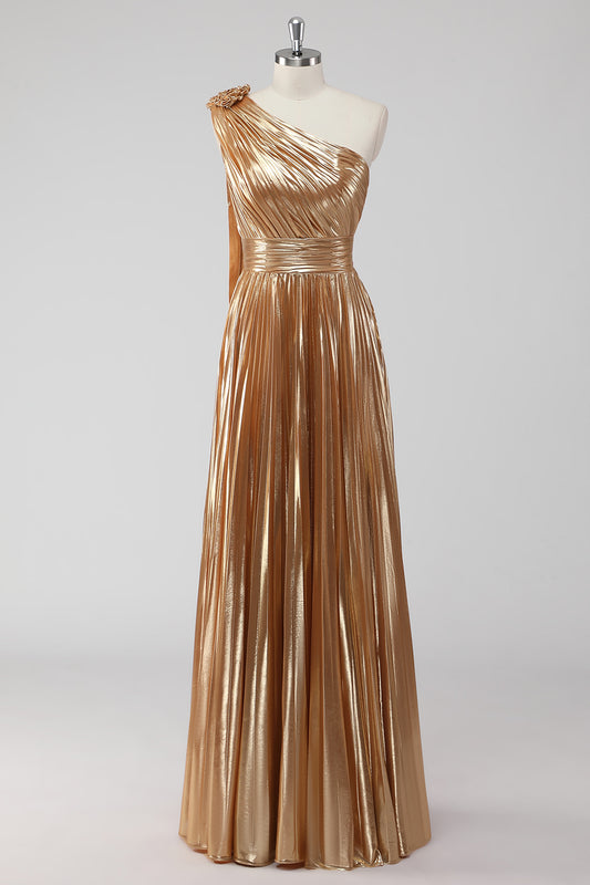 Golden Metallic A-Line Satin One Shoulder Long Formal Dress with Pleated