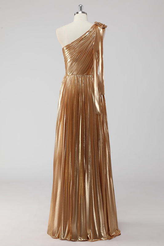 Golden Metallic A-Line Satin One Shoulder Long Formal Dress with Pleated