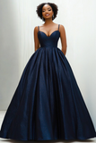 Sweetheart Navy Spaghetti Straps Long Satin Ball Gown with Side Invisible Pockets Sweetheart Navy Spaghetti Straps Long Satin Ball Gown with Side Invisible Pockets