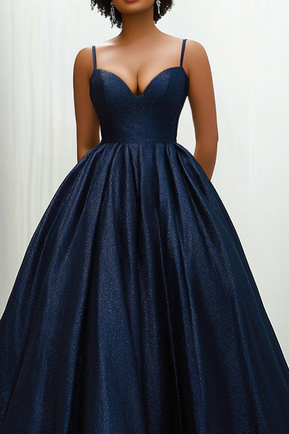 Sweetheart Navy Spaghetti Straps Long Satin Ball Gown with Side Invisible Pockets Sweetheart Navy Spaghetti Straps Long Satin Ball Gown with Side Invisible Pockets