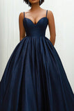 Sweetheart Navy Spaghetti Straps Long Satin Ball Gown with Side Invisible Pockets Sweetheart Navy Spaghetti Straps Long Satin Ball Gown with Side Invisible Pockets