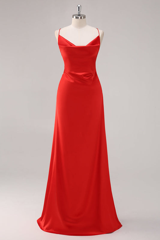 Red Satin Spaghetti Straps Sheath Long Formal Dress