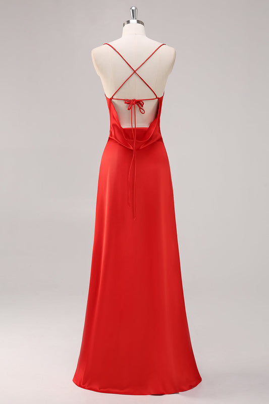 Red Satin Spaghetti Straps Sheath Long Formal Dress