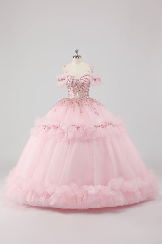 Blush Cold Shoulder Corset Ball Gown Quinceanera Dress with Ruffles Tulle Lace Up Back Sweet 16 Dress