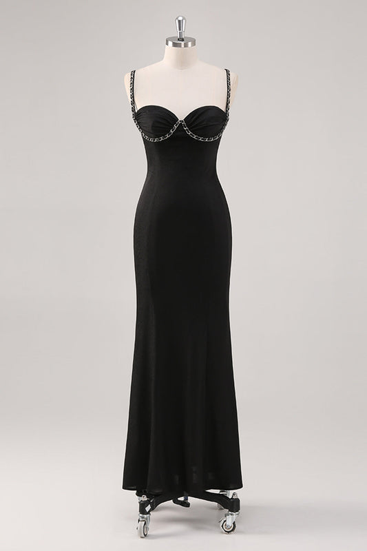 Simple Black Spaghetti Straps Sheath Formal Dress
