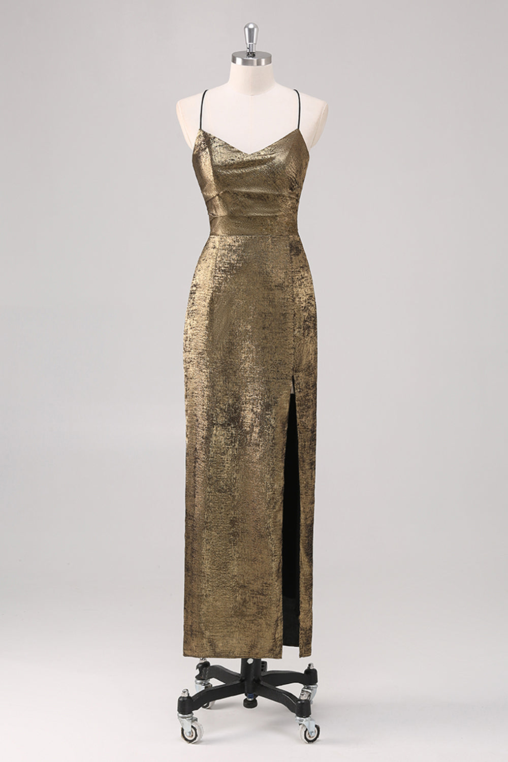 Sheath Metallic Black Gold Spaghetti Straps Formal Dress with Slit Sheath Metallic Black Gold Spaghetti Straps Formal Dress with Slit