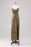 Sheath Metallic Black Gold Spaghetti Straps Formal Dress with Slit Sheath Metallic Black Gold Spaghetti Straps Formal Dress with Slit