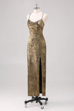 Sheath Metallic Black Gold Spaghetti Straps Formal Dress with Slit Sheath Metallic Black Gold Spaghetti Straps Formal Dress with Slit