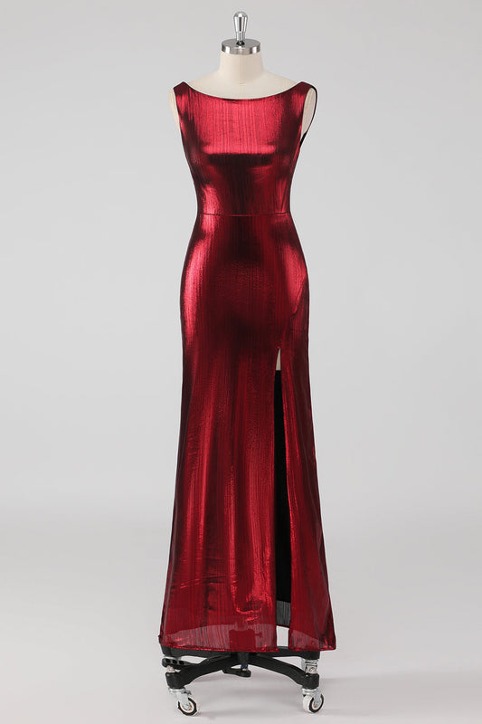 Burgundy Satin Round Neck Sheath Formal Dress with Slit