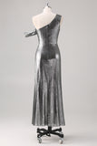 Silver Black Sheath One Shoulder Metallic Formal Dress with Slit Silver Black Sheath One Shoulder Metallic Formal Dress with Slit