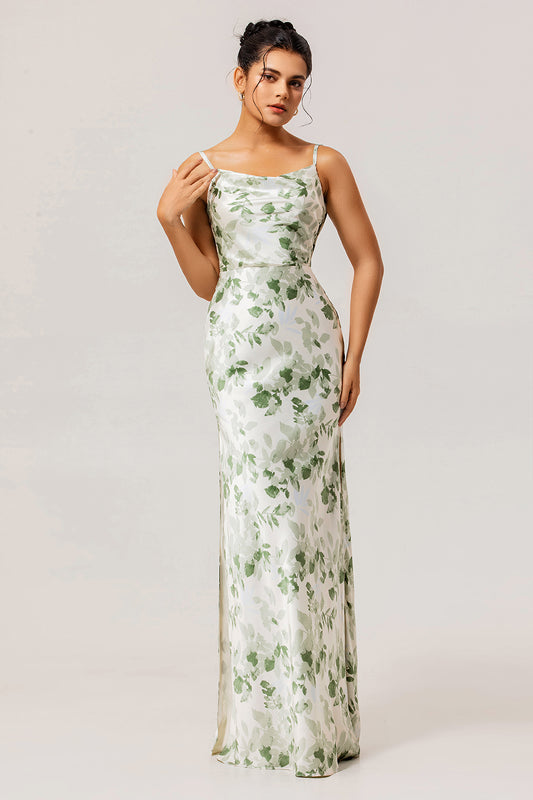 Floral Green Spaghetti Straps Mermaid Long Bridesmaid Dress with Slit