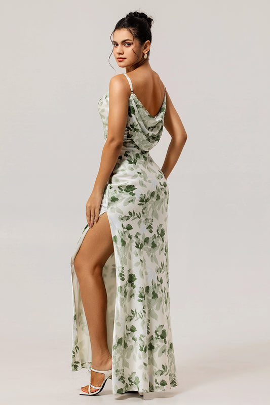 Floral Green Spaghetti Straps Mermaid Long Bridesmaid Dress with Slit