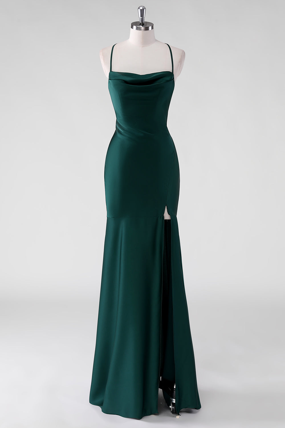 ZAPAKASA Women Pine Satin Mermaid Long Bridesmaid Dress with Slit Spaghetti Straps Wedding Guest Dress