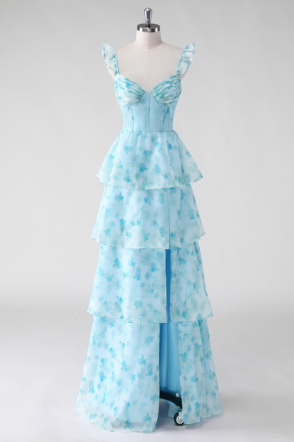 ZAPAKASA Women Blue Floral Corset A Line Ruffled Long Bridesmaid Dress with Slit Lace-Up Back Wedding Guest Dress ZAPAKASA Women Blue Floral Corset A Line Ruffled Long Bridesmaid Dress with Slit Lace-Up Back Wedding Guest Dress