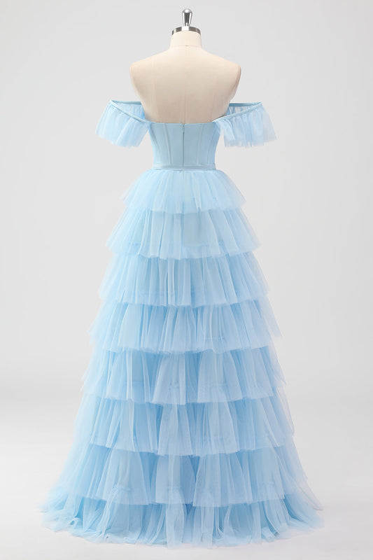 Sky Blue Off The Shoulder Tiered Corset A Line Bridesmaid Dress