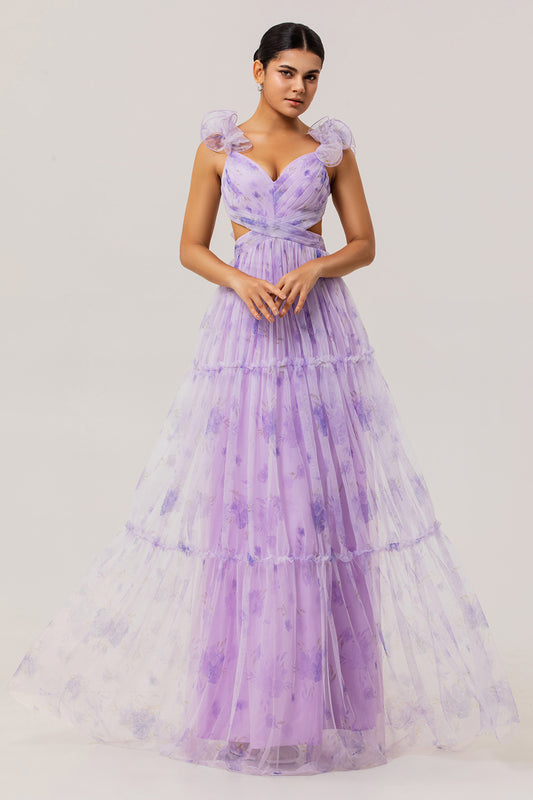 Lavender Flower Cut Out Pleated A Line Long Bridesmaid Dress