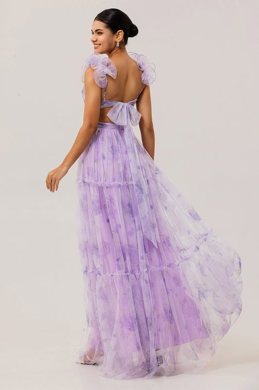 Lavender Flower Cut Out Pleated A Line Long Bridesmaid Dress
