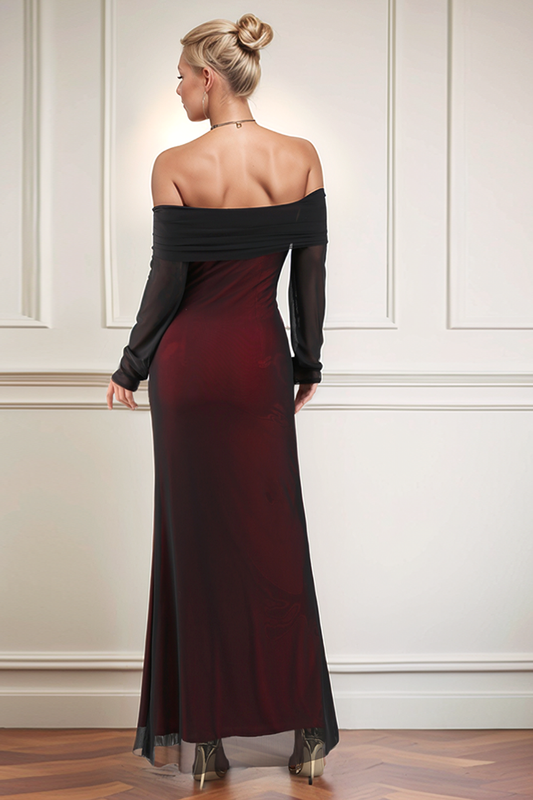 Black Red Off the Shoulder Sheath Formal Dress with Long Sleeves
