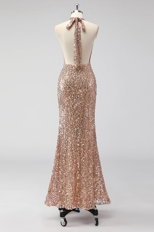 Sparkly Champagne Halter Backless Long Prom Dress