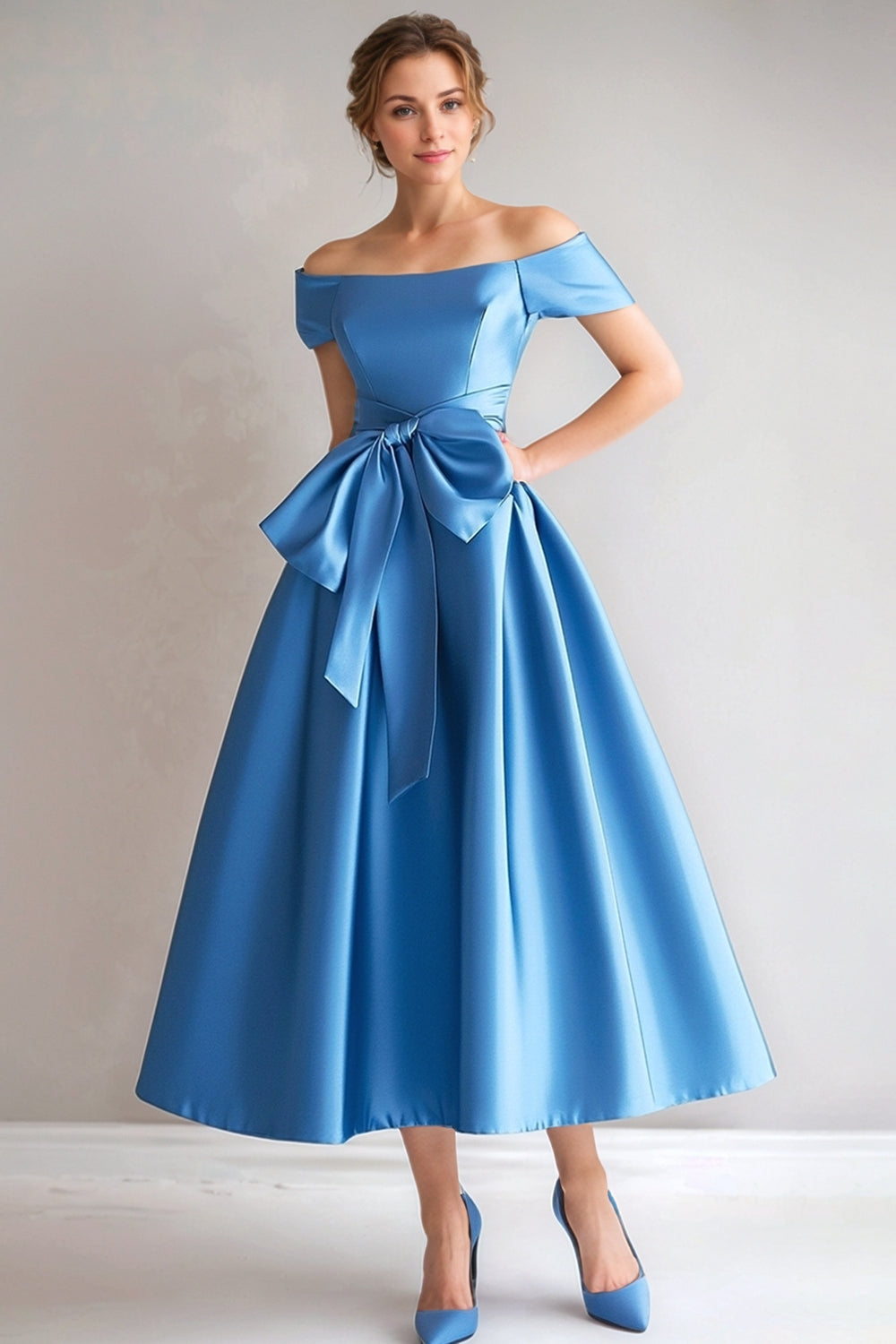 Zapakasa Women Blue Off the Shoulder A-Line Mother Dress Satin Tea Length Party Dress with Bow Zapakasa Women Blue Off the Shoulder A-Line Mother Dress Satin Tea Length Party Dress with Bow