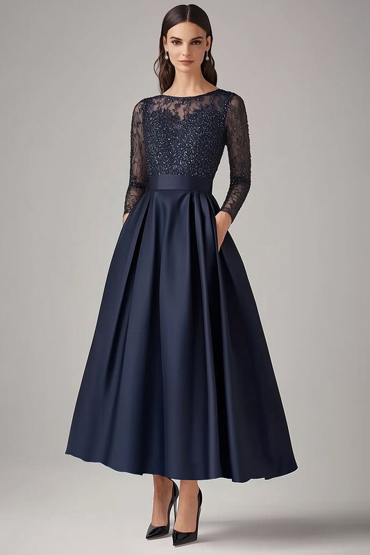 Sparkly Navy Beaded A Line Long Sleeves Mother Of the Bride Dress with Lace