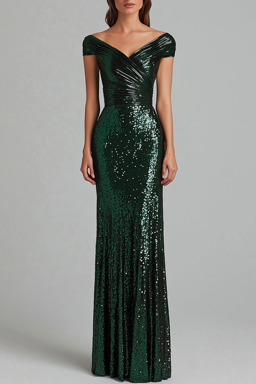 Zapakasa Women Dark Green Formal Dress V-Neck Mermaid Sequins Ruffles Pleated Cap Sleeves Formal Wear Dress Zapakasa Women Dark Green Formal Dress V-Neck Mermaid Sequins Ruffles Pleated Cap Sleeves Formal Wear Dress