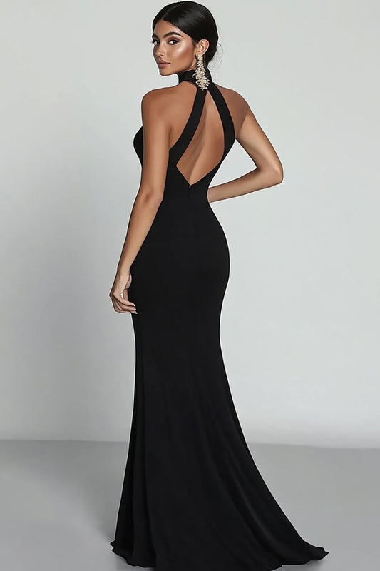 Black Mermaid Halter Neck Satin Long Formal Dress