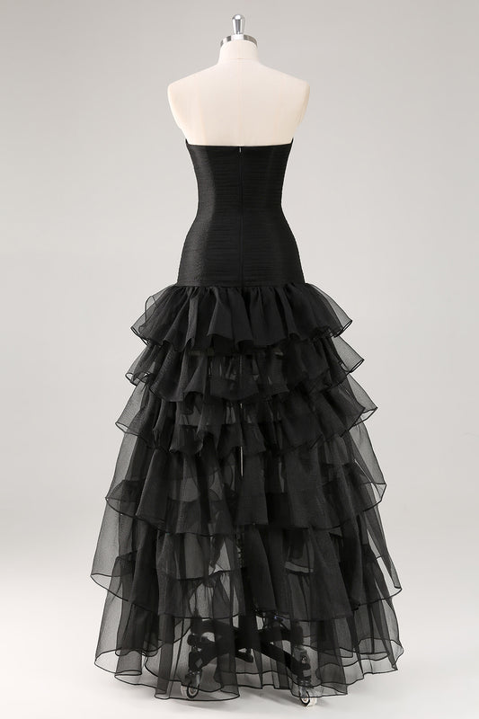 A Line Black Strapless Tiered Formal Dress with Slit