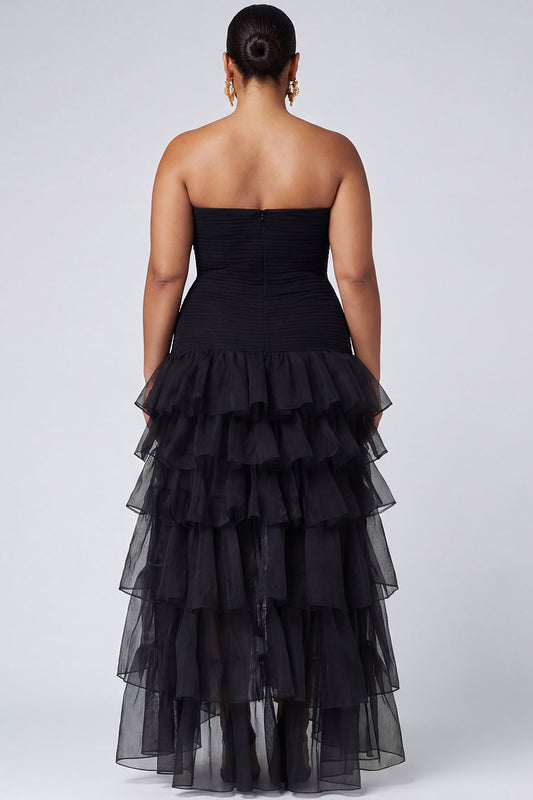 Plus Size A Line Black Strapless Tiered Formal Dress with Slit