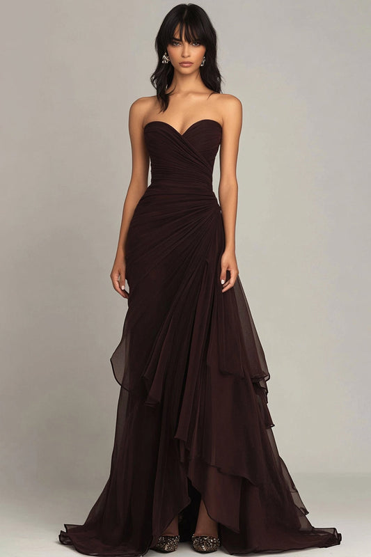 Dark Brown Mermaid Ruffled Formal Dress Ruched Black Tie Wedding Guest Dress Strapless Sweetheart Evening Dress