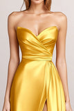 Yellow A-Line Strapless Wrap Ruched Satin Long Formal Dress with Slit Yellow A-Line Strapless Wrap Ruched Satin Long Formal Dress with Slit