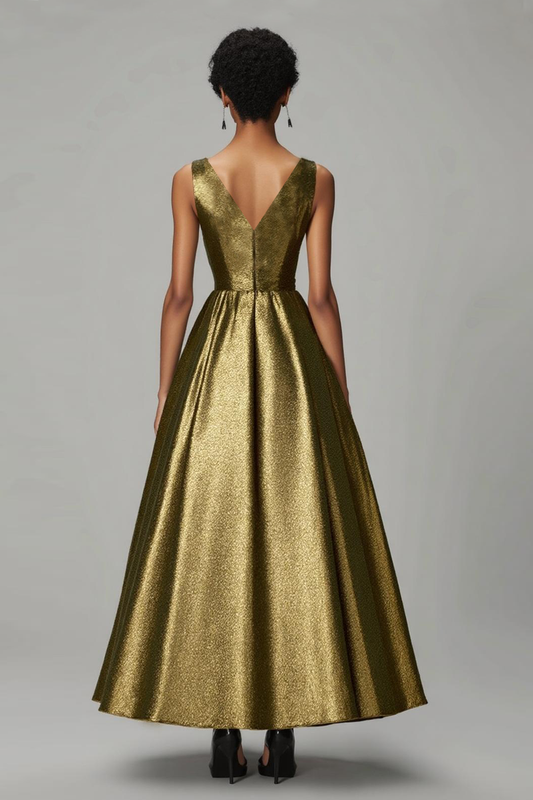 Sparkly Dark Gold A-Line V Neck Ruched Ankle Length Formal Dress