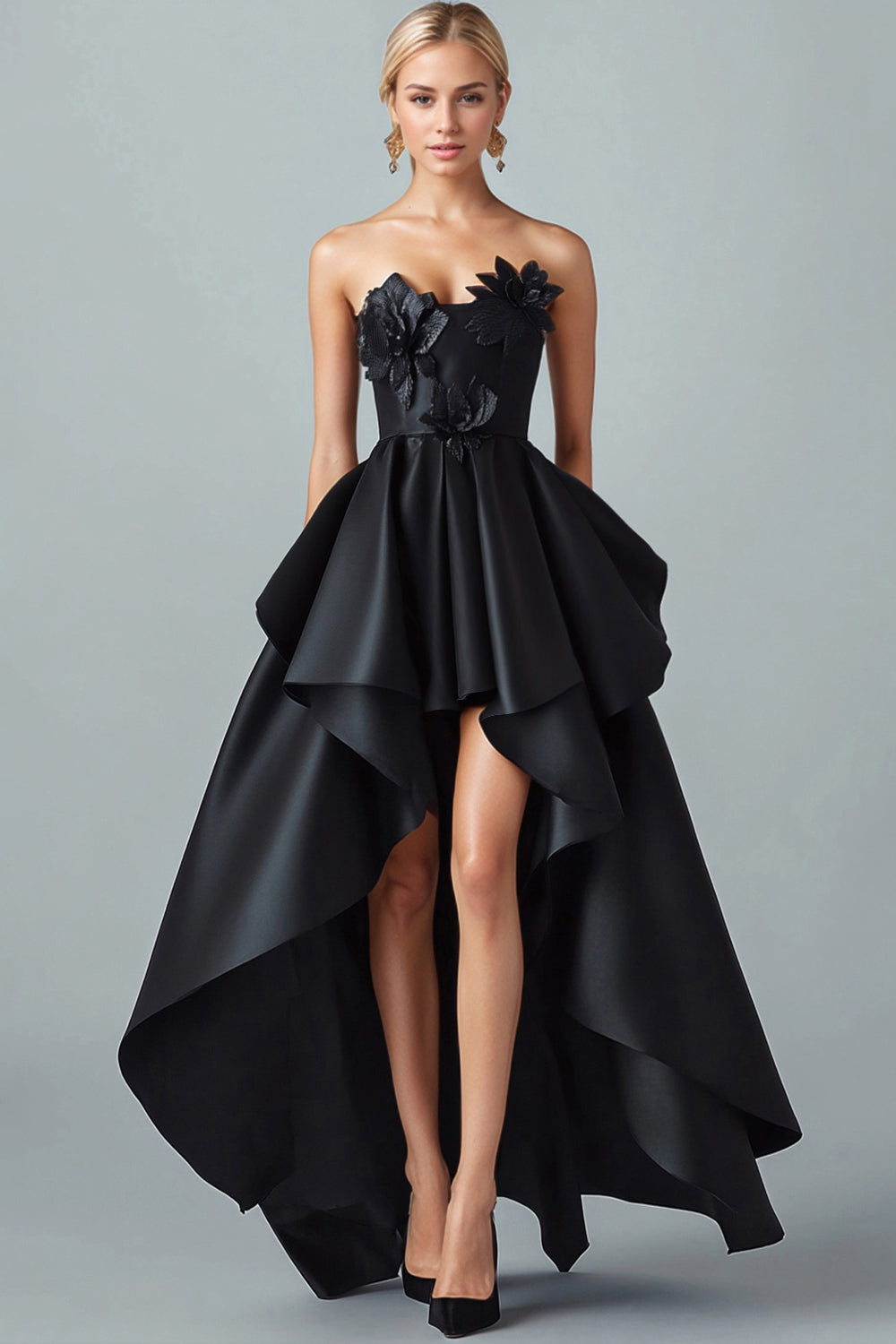ZAPAKA Women Sparkly Black Hi-Low Prom Dress A-Line Strapless 3D Flowers Ruffle Formal Dress, Black / UK20