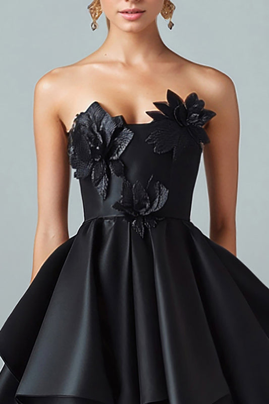 Black A-Line Strapless Ruffled Satin High-Low Formal Dress with 3D Flowers