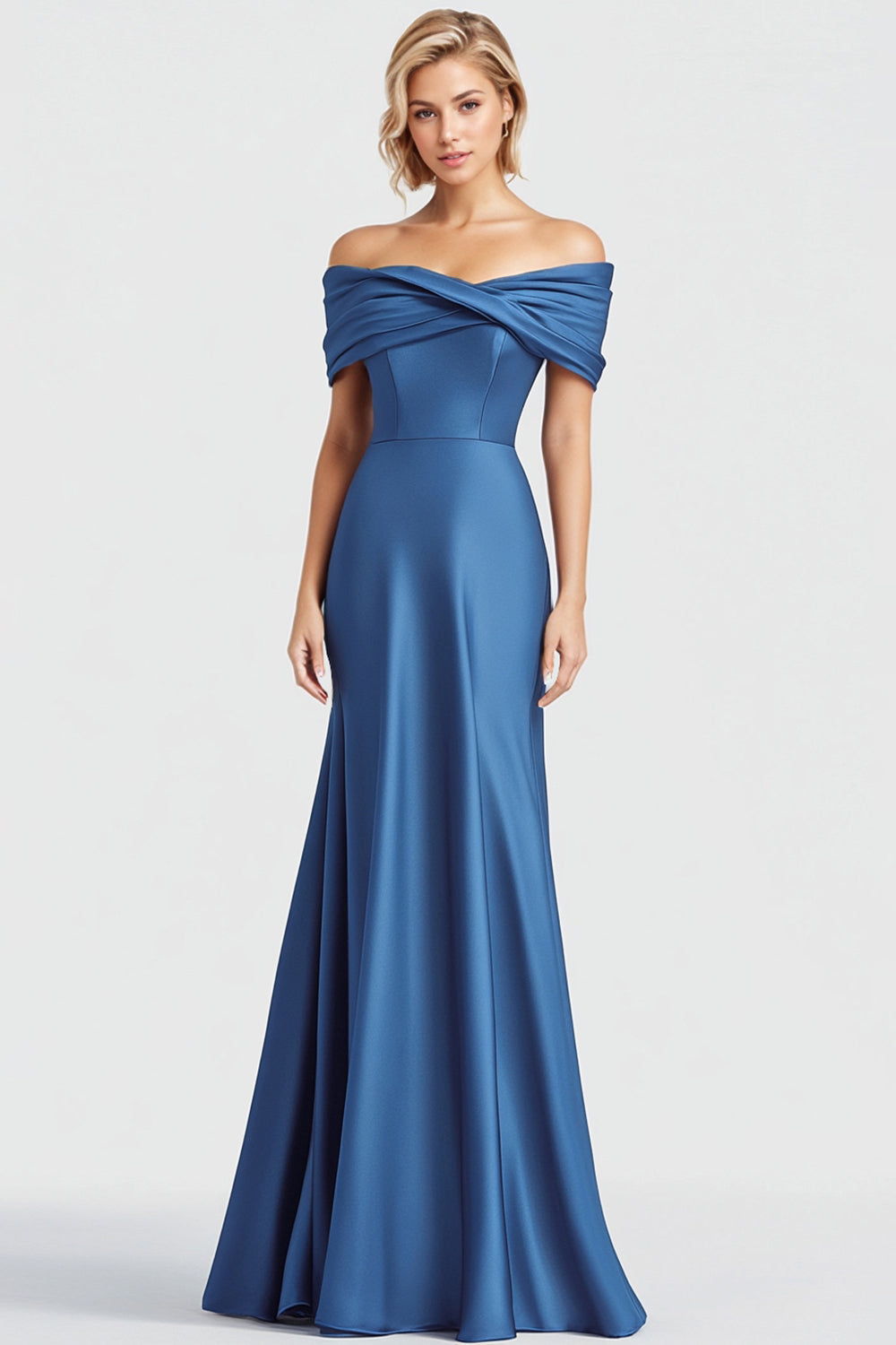 ZAPAKASA Women Blue Long Prom Dress Mermaid Ruched Off the Shoulder