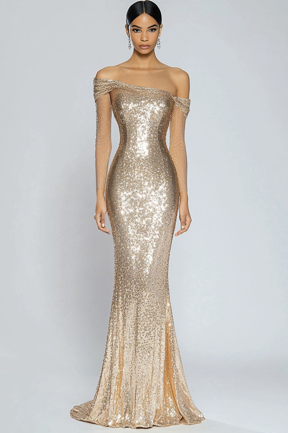 Zapaka Women Sparkly Champagne Long Prom Dress Mermaid Off The Shoulder Sequins Evening Dress, Champagne / UK16 Zapaka Women Sparkly Champagne Long Prom Dress Mermaid Off The Shoulder Sequins Evening Dress, Champagne / UK16