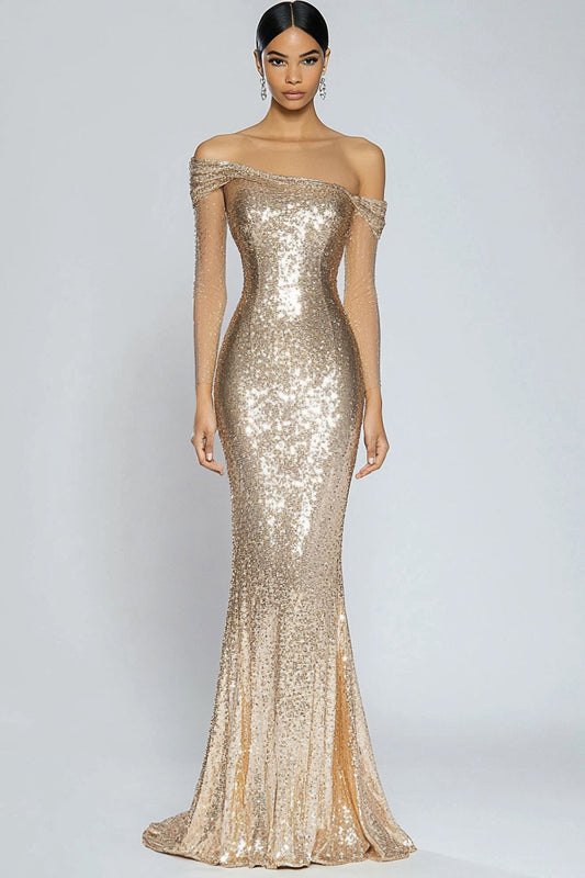 Sparkly Champagne Long Prom Dress Mermaid Off the Shoulder Sequins Evening Dress